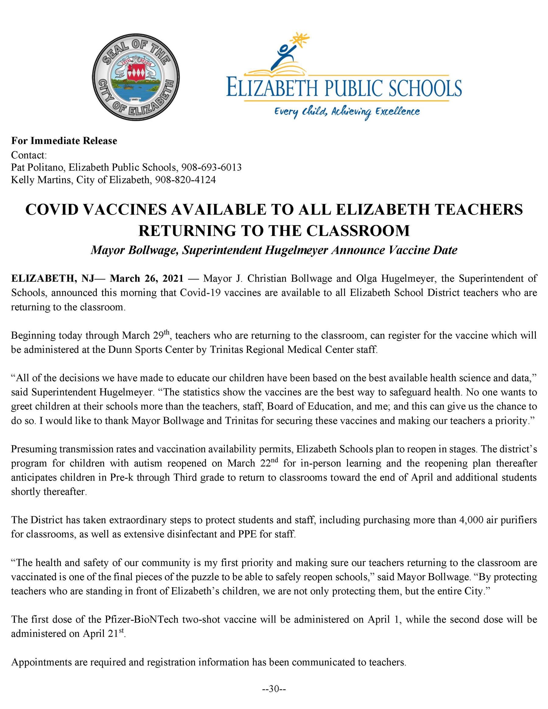 COVID Vaccines Available to all Elizabeth Teachers Returning to the Classroom 